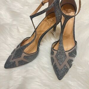 INC International Concepts Silver and Gray T-Strap Pointed Toe Heels